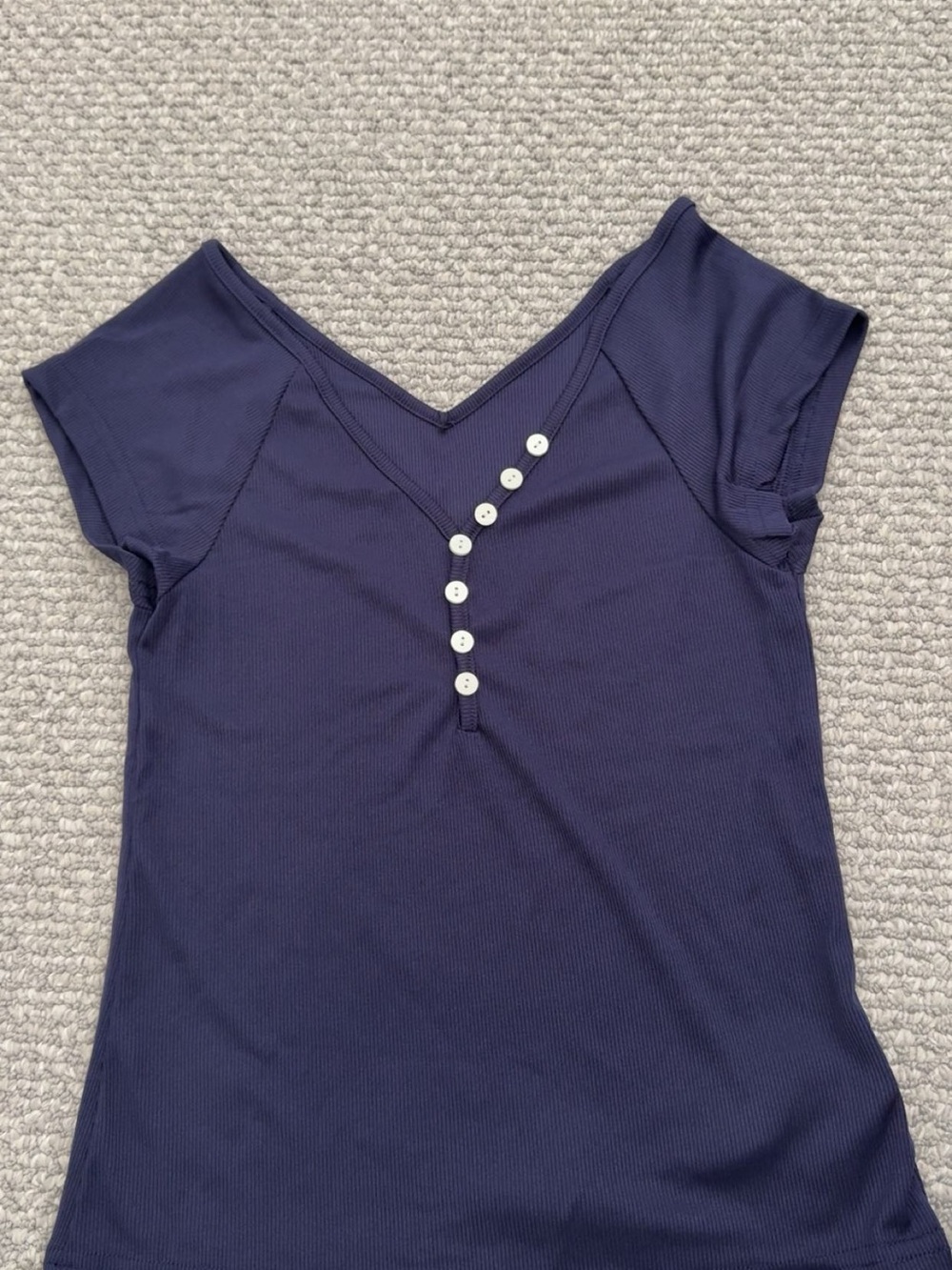 Women’s Navy Short Sleeve V-Neck Top with Button Accent